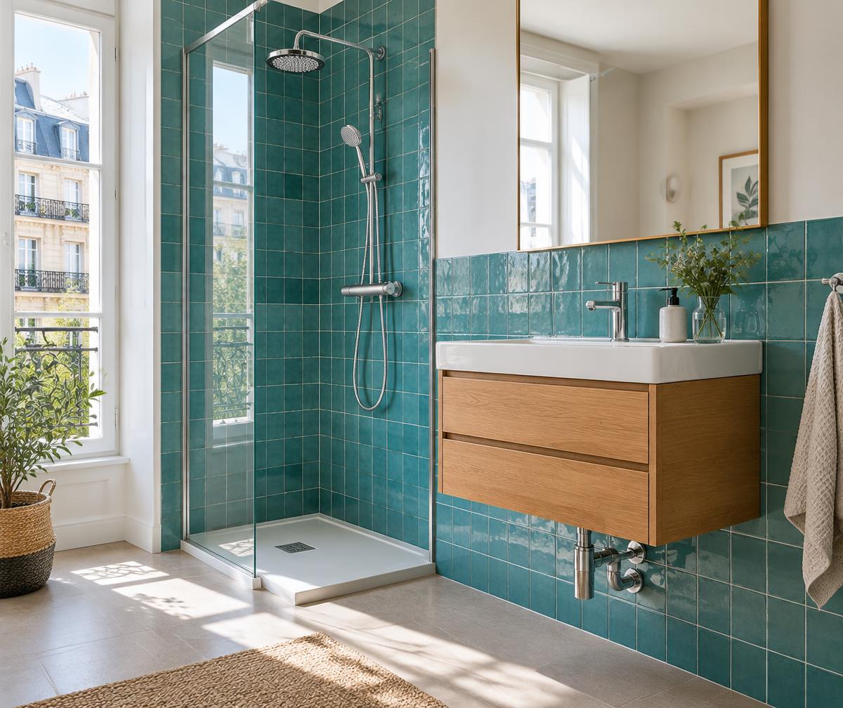 Salle de bain contemporaine avec douche et lavabo